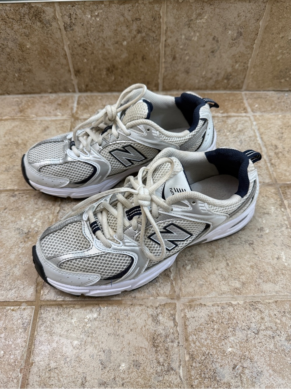 New Balance Kids White and Navy Mesh Sneakers